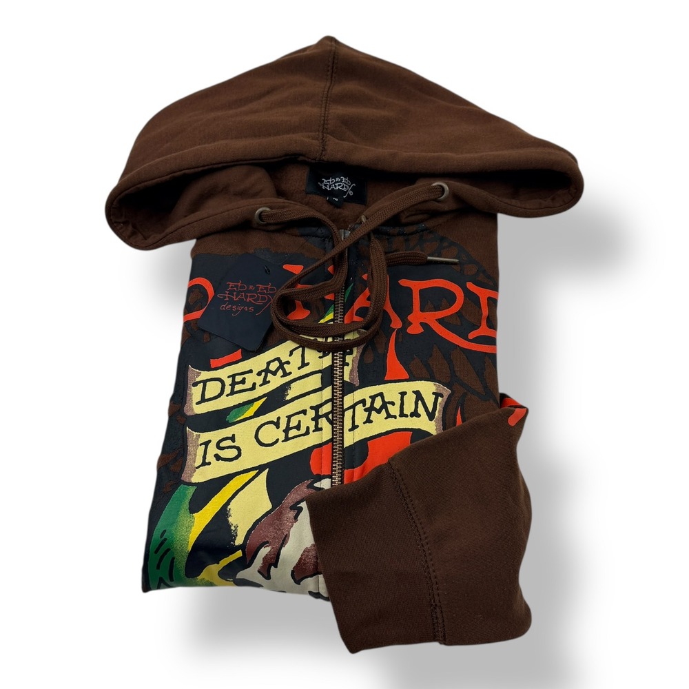 Ed Hardy Mens Cocoa Brown Full Zip‎ Graphic Hoodie Skull EHMTJ1301-19 NWT Medium